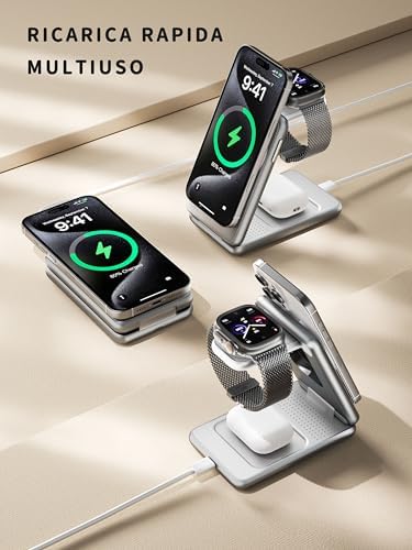 W93 argento ricarica wireless magnetica 3 in 1