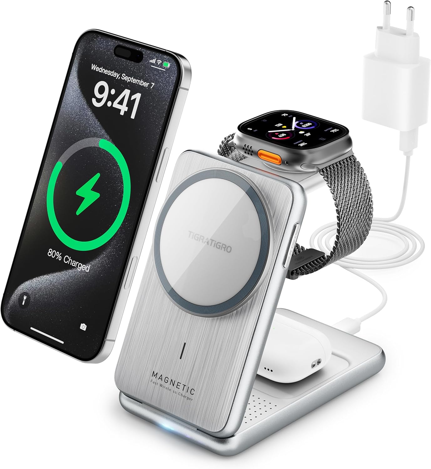 W93 caricatore wireless 3 in 1 argento