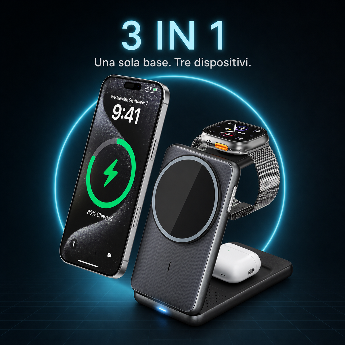 W93 Caricatore Wireless 3 in 1 Pieghevole 15 W per iPhone, Apple Watch e AirPods