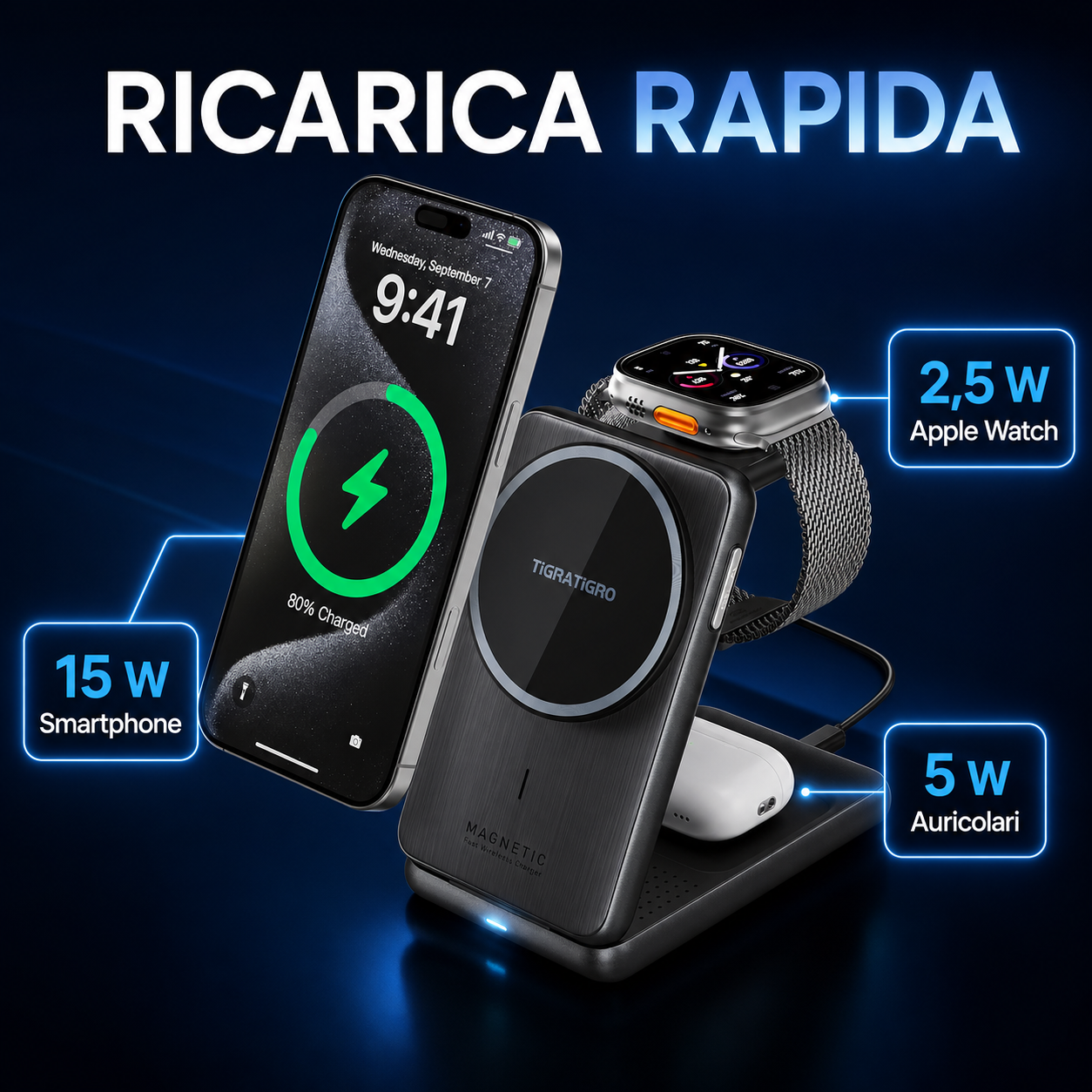 W93 potenza di ricarica per smartphone, auricolari e Apple Watch