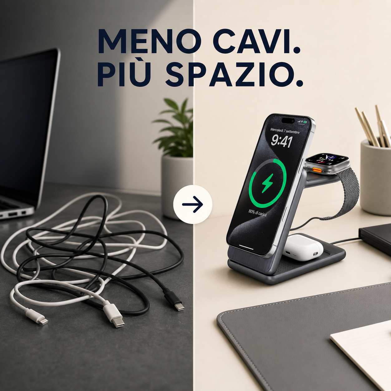 W93 Caricatore Wireless 3 in 1 Pieghevole 15 W per iPhone, Apple Watch e AirPods