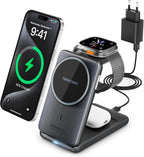 W93 caricatore wireless 3 in 1 nero con smartphone, Apple Watch e auricolari