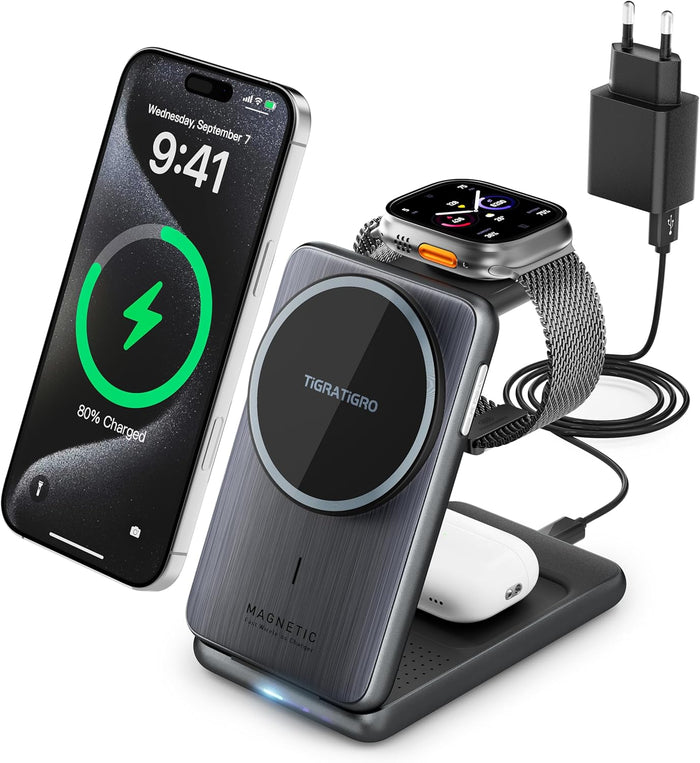 W93 Caricatore Wireless 3 in 1 Pieghevole 15 W per iPhone, Apple Watch e AirPods