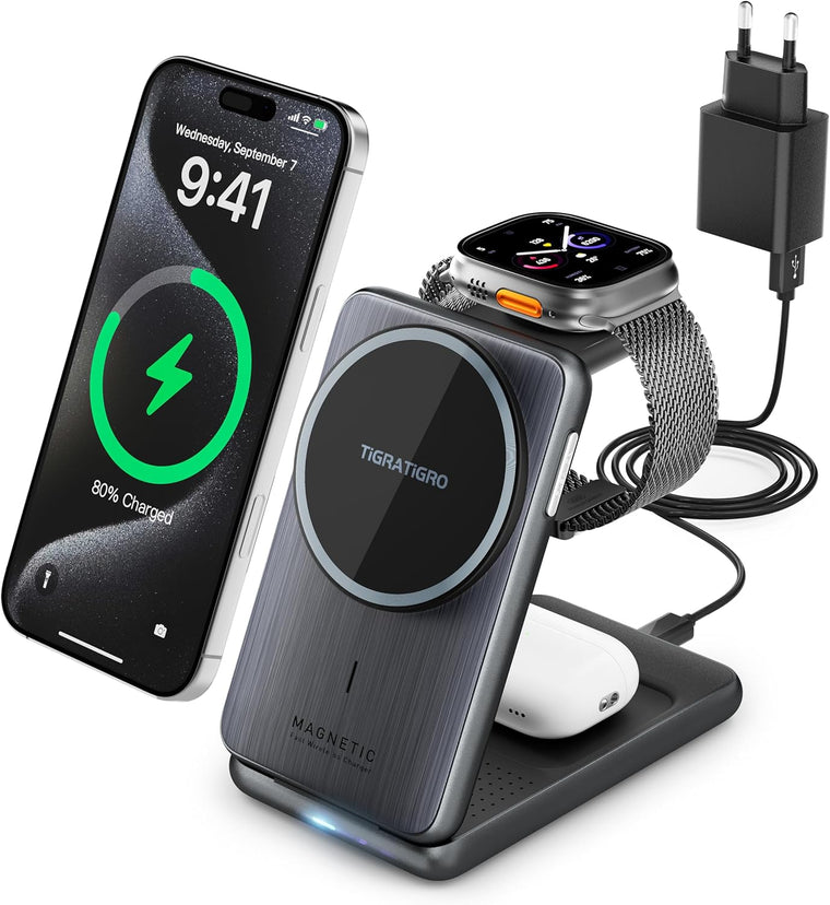 W93 Caricatore Wireless 3 in 1 Pieghevole 15 W per iPhone, Apple Watch e AirPods
